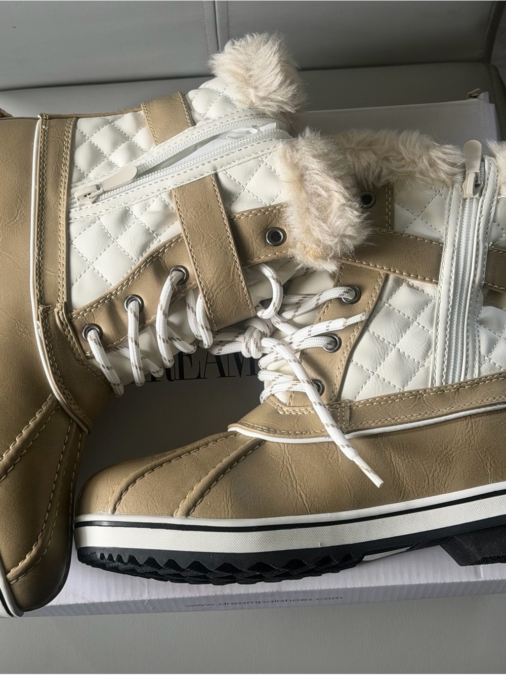 Quilted Faux-Fur Lace-Up Winter Boots in Cream and Tan